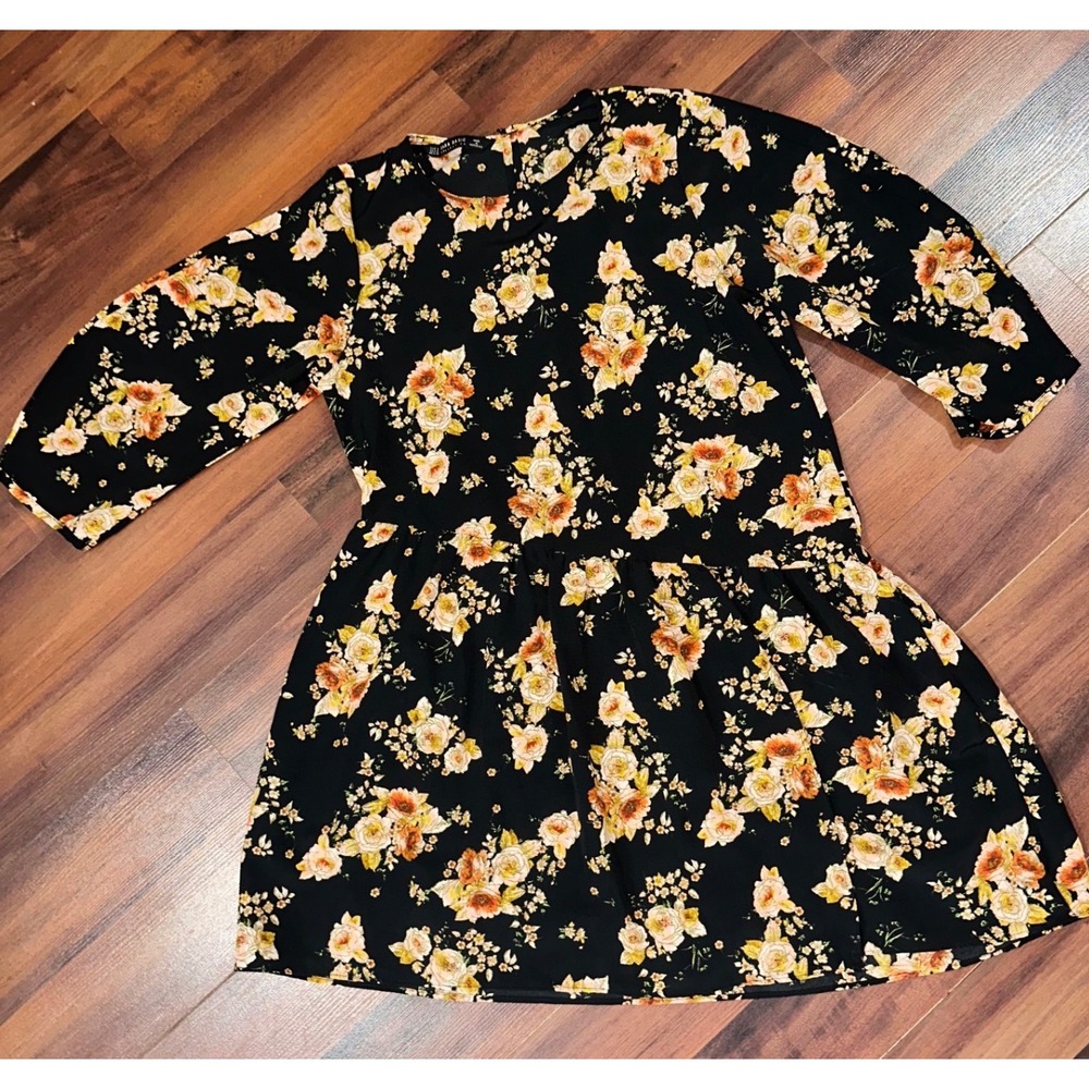 Zara Basic Floral Mini‎ Dress Black Yellow Orange Long Sleeve Drop Waist Small